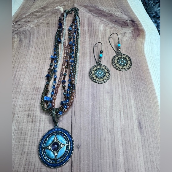 Multistrand Beaded Medallion Earthy Boho Necklace and Earring Set - Picture 7 of 8